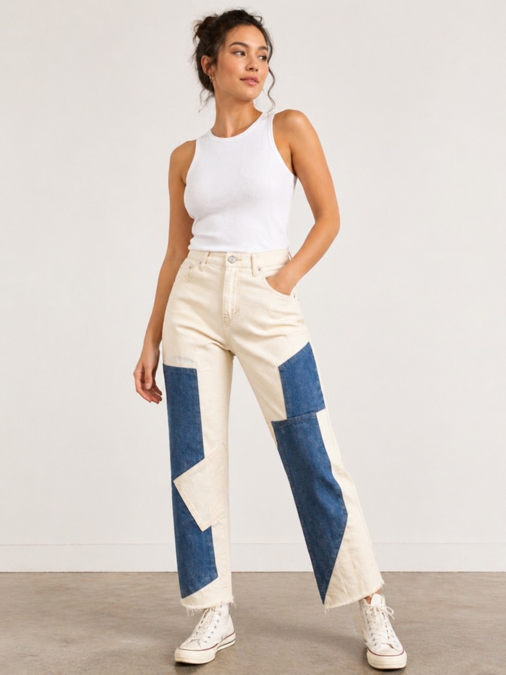 Free People Patchwork Jeans- We The Free- Sandrine Rose Blue& White Size 24 NWT